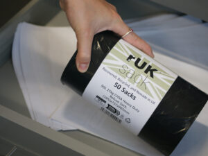 Cromwell's rUK Sack - our UK Made Refuse Sack, manufactured from recycled material which has been covered in the UK - 01977 686868