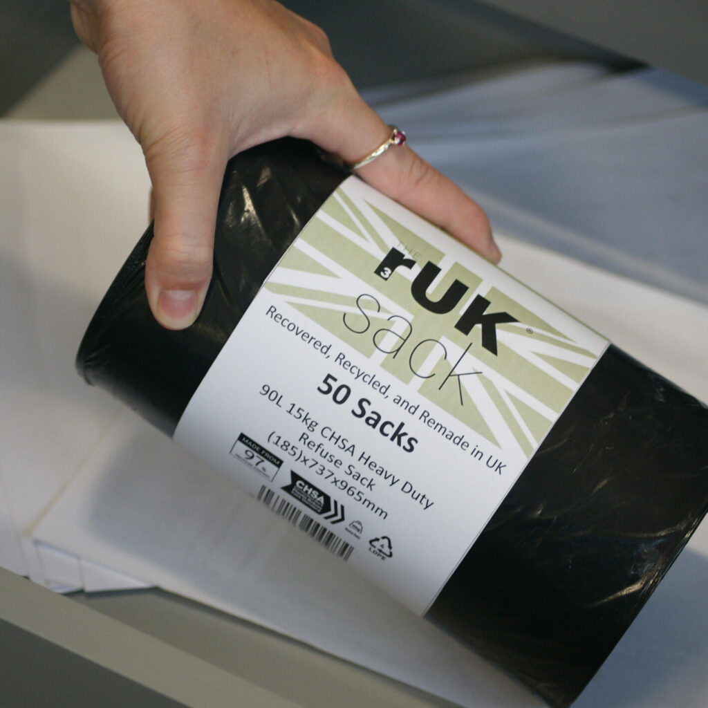 Cromwell's rUK Sack - our UK Made Refuse Sack, manufactured from recycled material which has been covered in the UK - 01977 686868