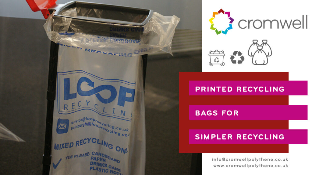 Printed and branded recycling sacks with instructions to assist with new simpler recycling reforms - bespoke from Cromwell