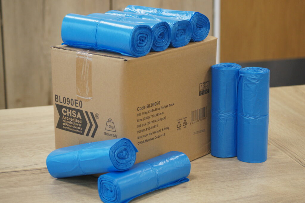 Blue Bin Bags on a roll - available from Cromwell Polythene - 01977 686868